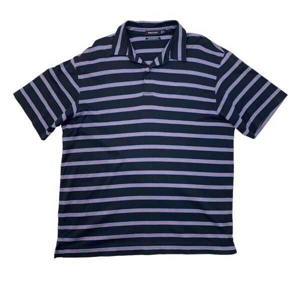 Nautica Polo Shirt Mens XL Extra Large Navy Blue Mercerized Pima Cotton Striped - Picture 1 of 9